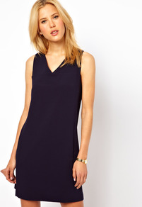 Shift Dress With V Neck - style: shift; length: mid thigh; neckline: v-neck; pattern: plain; sleeve style: sleeveless; predominant colour: navy; occasions: casual, evening; fit: body skimming; fibres: polyester/polyamide - stretch; sleeve length: sleeveless; texture group: crepes; trends: glamorous day shifts; pattern type: fabric