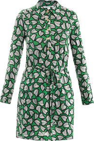 Leanna Dress - style: shirt; length: mid thigh; neckline: shirt collar/peter pan/zip with opening; waist detail: belted waist/tie at waist/drawstring; secondary colour: ivory; predominant colour: dark green; occasions: casual; fit: straight cut; fibres: silk - 100%; sleeve length: long sleeve; sleeve style: standard; texture group: silky - light; trends: glamorous day shifts; pattern type: fabric; pattern size: standard; pattern: patterned/print