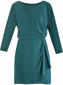 Jazlynn Silk Dress - style: shift; neckline: slash/boat neckline; fit: fitted at waist; pattern: plain; waist detail: twist front waist detail/nipped in at waist on one side/soft pleats/draping/ruching/gathering waist detail; predominant colour: dark green; occasions: evening, occasion, holiday; length: just above the knee; fibres: silk - 100%; hip detail: ruching/gathering at hip; back detail: keyhole/peephole detail at back; sleeve length: long sleeve; sleeve style: standard; texture group: silky - light; pattern type: fabric