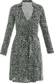 New Jeanne Two Dress - style: faux wrap/wrap; length: mid thigh; neckline: shirt collar/peter pan/zip with opening; waist detail: belted waist/tie at waist/drawstring; secondary colour: white; predominant colour: charcoal; occasions: casual; fit: body skimming; fibres: silk - 100%; sleeve length: long sleeve; sleeve style: standard; pattern type: fabric; pattern size: small & busy; pattern: patterned/print; texture group: jersey - stretchy/drapey