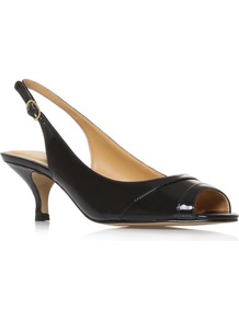 Ontherocks3 - predominant colour: black; occasions: evening, work, occasion, holiday; material: faux leather; heel height: mid; embellishment: buckles; ankle detail: ankle strap; heel: kitten; toe: open toe/peeptoe; style: slingbacks; finish: patent; pattern: plain