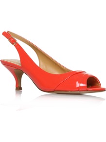 Ontherocks3 - predominant colour: bright orange; occasions: evening, work, occasion, holiday; material: faux leather; heel height: mid; embellishment: buckles; ankle detail: ankle strap; heel: kitten; toe: open toe/peeptoe; style: slingbacks; trends: fluorescent; finish: patent; pattern: plain