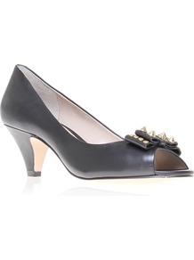Bethany - predominant colour: black; occasions: evening, work, occasion; material: leather; heel height: mid; embellishment: studs; heel: kitten; toe: open toe/peeptoe; style: courts; finish: plain; pattern: plain