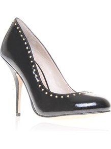 Bella - predominant colour: black; occasions: evening, work, occasion; material: leather; heel height: high; embellishment: studs; heel: stiletto; toe: round toe; style: courts; trends: metallics; finish: patent; pattern: plain