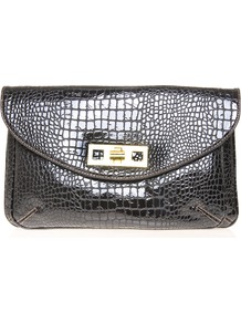 Mod Squad Clutch - predominant colour: black; occasions: evening, occasion; type of pattern: light; style: clutch; length: hand carry; size: standard; material: faux leather; pattern: animal print; finish: patent; embellishment: chain/metal