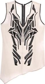 Applique Top In Cream - neckline: low v-neck; sleeve style: sleeveless; style: t-shirt; predominant colour: ivory; secondary colour: black; occasions: casual, evening, holiday; length: standard; fibres: cotton - mix; fit: straight cut; sleeve length: sleeveless; pattern type: fabric; pattern size: big & busy; pattern: patterned/print; texture group: other - light to midweight