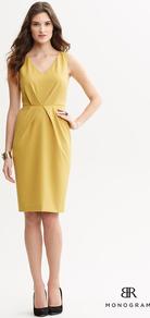 Br Monogram - style: shift; neckline: v-neck; fit: tailored/fitted; pattern: plain; sleeve style: sleeveless; waist detail: fitted waist; bust detail: ruching/gathering/draping/layers/pintuck pleats at bust; predominant colour: mustard; occasions: evening, work, occasion; length: on the knee; fibres: polyester/polyamide - mix; sleeve length: sleeveless; texture group: crepes; trends: glamorous day shifts; pattern type: fabric