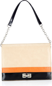 Coral Flash Shoulder Bag - predominant colour: coral; secondary colour: black; occasions: casual, evening, work; type of pattern: standard; style: shoulder; length: shoulder (tucks under arm); size: standard; material: faux leather; finish: patent; pattern: colourblock; embellishment: chain/metal