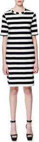 Bold Stripe Dress - style: shift; neckline: round neck; pattern: horizontal stripes; hip detail: fitted at hip; predominant colour: black; occasions: casual, evening, work; length: just above the knee; fit: body skimming; fibres: cotton - 100%; sleeve length: half sleeve; sleeve style: standard; texture group: cotton feel fabrics; trends: striking stripes, glamorous day shifts; pattern type: fabric; pattern size: big & busy