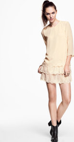 Dress - style: shift; length: mid thigh; neckline: round neck; waist detail: drop waist; predominant colour: blush; occasions: evening, work, occasion; fit: body skimming; fibres: polyester/polyamide - 100%; back detail: keyhole/peephole detail at back; sleeve length: 3/4 length; sleeve style: standard; texture group: sheer fabrics/chiffon/organza etc.; trends: glamorous day shifts; hip detail: ruffles/tiers/tie detail at hip; pattern type: fabric; pattern size: standard; embellishment: embroidered