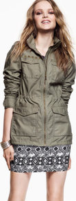 Jacket - pattern: plain; style: double breasted military jacket; bust detail: added detail/embellishment at bust; length: below the bottom; hip detail: front pockets at hip; collar: high neck; predominant colour: khaki; occasions: casual; fit: tailored/fitted; fibres: cotton - 100%; waist detail: fitted waist; shoulder detail: added shoulder detail; sleeve length: long sleeve; sleeve style: standard; texture group: cotton feel fabrics; collar break: high; pattern type: fabric