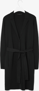 Belted Knit Blazer - style: single breasted blazer; collar: shawl/waterfall; length: below the bottom; hip detail: front pockets at hip; predominant colour: black; occasions: casual, evening, work; fit: straight cut (boxy); fibres: polyester/polyamide - stretch; waist detail: belted waist/tie at waist/drawstring; sleeve length: long sleeve; sleeve style: standard; texture group: knits/crochet; collar break: low/open; pattern type: knitted - fine stitch