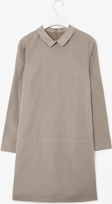 Cotton And Silk Dress - style: shift; length: mid thigh; neckline: shirt collar/peter pan/zip with opening; pattern: plain; waist detail: drop waist; predominant colour: taupe; occasions: casual, evening, work; fit: body skimming; fibres: silk - mix; hip detail: sculpting darts/pleats/seams at hip; sleeve length: long sleeve; sleeve style: standard; texture group: structured shiny - satin/tafetta/silk etc.; pattern type: fabric; pattern size: standard