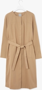 Belted Spring Coat - pattern: plain; bust detail: added detail/embellishment at bust; collar: round collar/collarless; style: single breasted; length: on the knee; hip detail: front pockets at hip; predominant colour: camel; occasions: casual, evening, work, occasion; fit: straight cut (boxy); fibres: cotton - mix; waist detail: belted waist/tie at waist/drawstring; back detail: back vent/flap at back; sleeve length: long sleeve; sleeve style: standard; texture group: cotton feel fabrics; collar break: medium; pattern type: fabric; pattern size: standard