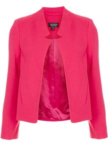 Ponte Notch Neck Jacket - pattern: plain; style: single breasted blazer; hip detail: side pockets at hip; collar: mandarin; predominant colour: hot pink; occasions: evening, work, occasion; length: standard; fit: straight cut (boxy); fibres: polyester/polyamide - stretch; sleeve length: long sleeve; sleeve style: standard; trends: fluorescent; collar break: high; pattern type: fabric; pattern size: standard; texture group: other - light to midweight