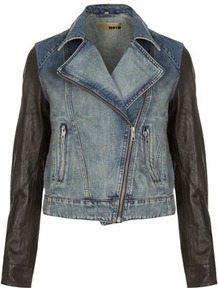 Moto Premium Leather Sleeve Denim Biker Jacket - pattern: plain; style: biker; collar: asymmetric biker; hip detail: front pockets at hip; fit: slim fit; predominant colour: denim; occasions: casual, evening, work; length: standard; fibres: cotton - 100%; waist detail: fitted waist; bust detail: contrast pattern/fabric/detail at bust; sleeve length: long sleeve; sleeve style: standard; texture group: denim; collar break: high/illusion of break when open; pattern type: fabric; pattern size: small & light