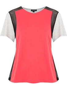 Mesh Insert Colour Block Top - neckline: round neck; style: t-shirt; shoulder detail: contrast pattern/fabric at shoulder; back detail: contrast pattern/fabric at back; predominant colour: coral; occasions: casual, evening, work; length: standard; fibres: polyester/polyamide - 100%; fit: body skimming; hip detail: contrast fabric/print detail at hip; bust detail: contrast pattern/fabric/detail at bust; sleeve length: short sleeve; sleeve style: standard; trends: fluorescent; pattern type: fabric; pattern size: small & light; pattern: colourblock; texture group: other - light to midweight