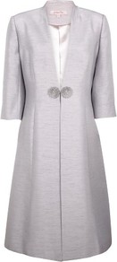 Pebble Shimmer Dress Coat - pattern: plain; style: single breasted; length: on the knee; predominant colour: silver; occasions: evening, occasion; fit: tailored/fitted; fibres: polyester/polyamide - 100%; sleeve length: 3/4 length; sleeve style: standard; texture group: structured shiny - satin/tafetta/silk etc.; collar break: medium; pattern type: fabric