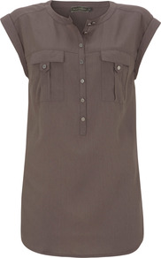 Mocha Military Blouse - sleeve style: capped; pattern: plain; length: below the bottom; bust detail: pocket detail at bust; style: blouse; predominant colour: chocolate brown; occasions: casual, work, holiday; neckline: mandarin with v-neck; fibres: viscose/rayon - 100%; fit: body skimming; sleeve length: short sleeve; texture group: cotton feel fabrics; pattern type: fabric