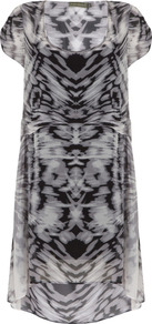 Naomi Print Hook Up Dress - style: shift; neckline: round neck; sleeve style: capped; fit: tailored/fitted; predominant colour: lilac; secondary colour: black; occasions: casual, evening; length: just above the knee; fibres: viscose/rayon - 100%; sleeve length: short sleeve; texture group: silky - light; trends: statement prints; pattern type: fabric; pattern size: big & busy; pattern: patterned/print