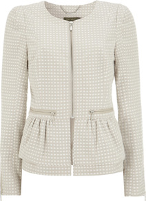 Stone Spot Peplum Jacket - style: single breasted blazer; collar: round collar/collarless; pattern: herringbone/tweed; secondary colour: ivory; predominant colour: stone; occasions: evening, work; length: standard; fit: tailored/fitted; waist detail: peplum detail at waist; sleeve length: long sleeve; sleeve style: standard; collar break: high; pattern type: fabric; pattern size: standard; texture group: tweed - bulky/heavy; fibres: viscose/rayon - mix