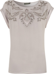 Grey Beaded Applique Tee - neckline: round neck; sleeve style: capped; bust detail: added detail/embellishment at bust; style: t-shirt; predominant colour: mid grey; occasions: casual, evening, work, holiday; length: standard; fibres: viscose/rayon - 100%; fit: body skimming; shoulder detail: added shoulder detail; sleeve length: short sleeve; pattern type: fabric; pattern size: small & light; pattern: patterned/print; texture group: jersey - stretchy/drapey; embellishment: beading