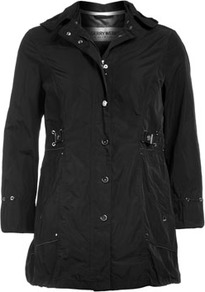 Jacket With Elastic - pattern: plain; style: single breasted blazer; hip detail: side pockets at hip; length: below the bottom; back detail: hood; collar: standard lapel/rever collar; predominant colour: black; occasions: casual; fit: straight cut (boxy); fibres: polyester/polyamide - 100%; waist detail: belted waist/tie at waist/drawstring; sleeve length: long sleeve; sleeve style: standard; texture group: technical outdoor fabrics; collar break: high; pattern type: fabric