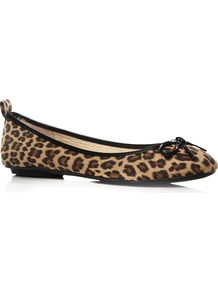 Lola Ballerina Shoes, Tan - predominant colour: tan; occasions: casual, work; material: fabric; heel height: flat; toe: round toe; style: ballerinas / pumps; finish: plain; pattern: animal print; embellishment: bow