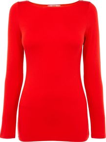 Women's Boatneck Long Sleeved Tee, Red - neckline: slash/boat neckline; pattern: plain; style: t-shirt; predominant colour: true red; occasions: casual, work; length: standard; fibres: polyester/polyamide - stretch; fit: body skimming; sleeve length: long sleeve; sleeve style: standard; pattern type: fabric; texture group: jersey - stretchy/drapey