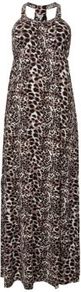 Brown Animal Pint Maxi - neckline: v-neck; sleeve style: sleeveless; style: maxi dress; predominant colour: chocolate brown; secondary colour: black; occasions: casual, holiday; length: floor length; fit: straight cut; fibres: viscose/rayon - stretch; hip detail: soft pleats at hip/draping at hip/flared at hip; back detail: crossover; sleeve length: sleeveless; pattern type: fabric; pattern size: standard; pattern: animal print; texture group: jersey - stretchy/drapey