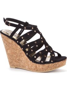 Black Stud Cage Cork Wedges - secondary colour: gold; predominant colour: black; occasions: evening, holiday; material: faux leather; embellishment: studs; ankle detail: ankle strap; heel: wedge; toe: open toe/peeptoe; style: strappy; finish: plain; pattern: plain; heel height: very high