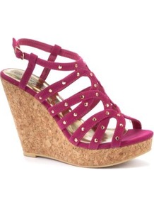 Fuchsia Stud Wedge Sandals - predominant colour: hot pink; occasions: evening, holiday; material: faux leather; embellishment: studs; ankle detail: ankle strap; heel: wedge; toe: open toe/peeptoe; style: strappy; finish: plain; pattern: plain; heel height: very high