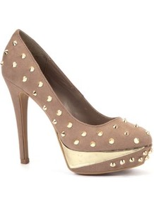 Light Brown Spike Stud Platform Court Shoes - predominant colour: stone; secondary colour: gold; occasions: evening, occasion, holiday; material: faux leather; embellishment: studs; heel: platform; toe: open toe/peeptoe; style: courts; finish: plain; pattern: plain; heel height: very high