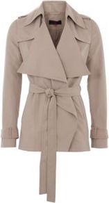 Mink Brown Wide Collar Drape Front Trench Jacket - pattern: plain; length: standard; collar: wide lapels; style: trench coat; fit: slim fit; predominant colour: nude; occasions: casual, work; fibres: polyester/polyamide - 100%; waist detail: belted waist/tie at waist/drawstring; shoulder detail: discreet epaulette; sleeve length: long sleeve; sleeve style: standard; collar break: medium; pattern type: fabric; pattern size: standard; texture group: other - light to midweight
