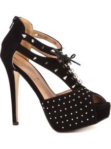 Black Stud Spike Lace Up Peeptoe Heels - secondary colour: gold; predominant colour: black; occasions: evening, occasion; material: faux leather; embellishment: studs; ankle detail: ankle strap; heel: platform; toe: open toe/peeptoe; style: strappy; finish: plain; pattern: plain; heel height: very high