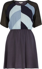 Denim Blue Patchwork Dress - length: mid thigh; fit: fitted at waist; waist detail: fitted waist; predominant colour: pale blue; secondary colour: charcoal; occasions: casual, evening; style: fit & flare; fibres: viscose/rayon - 100%; neckline: crew; sleeve length: short sleeve; sleeve style: standard; trends: glamorous day shifts; pattern type: fabric; pattern size: standard; pattern: patterned/print; texture group: other - light to midweight