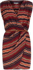 Multi Aztec Deep V Belt Dress - style: faux wrap/wrap; length: mid thigh; neckline: v-neck; sleeve style: sleeveless; waist detail: belted waist/tie at waist/drawstring; predominant colour: true red; secondary colour: taupe; occasions: casual, evening, holiday; fit: body skimming; fibres: polyester/polyamide - 100%; shoulder detail: flat/draping pleats/ruching/gathering at shoulder; sleeve length: sleeveless; trends: glamorous day shifts; bust detail: tiers/frills/bulky drapes/pleats; pattern type: fabric; pattern size: small & busy; pattern: patterned/print; texture group: other - light to midweight