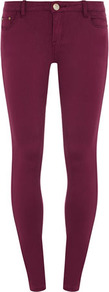Wine Skinny Jeans - style: skinny leg; length: standard; pattern: plain; pocket detail: traditional 5 pocket; waist: mid/regular rise; predominant colour: burgundy; occasions: casual, evening; fibres: cotton - stretch; jeans detail: dark wash; texture group: denim; pattern type: fabric