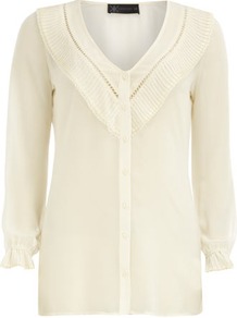 Kardashian Cream Pleat Blouse - neckline: v-neck; pattern: plain; style: blouse; bust detail: ruching/gathering/draping/layers/pintuck pleats at bust; predominant colour: ivory; occasions: casual, evening, work; length: standard; fibres: polyester/polyamide - 100%; fit: straight cut; sleeve length: 3/4 length; sleeve style: standard; texture group: sheer fabrics/chiffon/organza etc.; pattern type: fabric; pattern size: standard