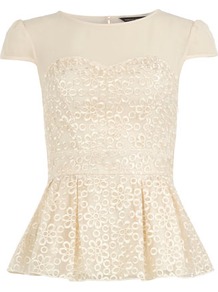 Ivory Organza Floral Top - neckline: round neck; sleeve style: capped; pattern: plain; waist detail: peplum waist detail; predominant colour: ivory; occasions: casual, evening, work, occasion; length: standard; style: top; fibres: polyester/polyamide - 100%; fit: tailored/fitted; back detail: keyhole/peephole detail at back; sleeve length: short sleeve; texture group: lace; trends: sculptural frills; pattern type: fabric; pattern size: standard; embellishment: embroidered