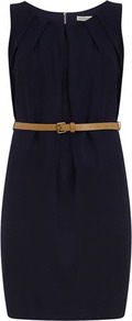 Navy Long Pleat Belt Dress - style: shift; length: mid thigh; fit: tailored/fitted; pattern: plain; sleeve style: sleeveless; waist detail: belted waist/tie at waist/drawstring; predominant colour: navy; secondary colour: tan; occasions: casual, evening, work; fibres: polyester/polyamide - 100%; neckline: crew; sleeve length: sleeveless; trends: glamorous day shifts; bust detail: tiers/frills/bulky drapes/pleats; pattern type: fabric; texture group: other - light to midweight