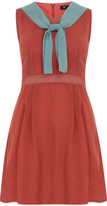 Rust Neck Ribbon Dress - style: shift; fit: fitted at waist; sleeve style: sleeveless; waist detail: fitted waist; neckline: pussy bow; secondary colour: turquoise; predominant colour: terracotta; occasions: casual, work; length: just above the knee; fibres: polyester/polyamide - stretch; sleeve length: sleeveless; texture group: sheer fabrics/chiffon/organza etc.; pattern type: fabric; pattern: colourblock