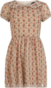 Cream Peter Pan Collar Dress - style: tea dress; waist detail: fitted waist; predominant colour: stone; occasions: casual, work; length: just above the knee; fit: fitted at waist & bust; fibres: polyester/polyamide - stretch; neckline: no opening/shirt collar/peter pan; hip detail: soft pleats at hip/draping at hip/flared at hip; sleeve length: short sleeve; sleeve style: standard; texture group: sheer fabrics/chiffon/organza etc.; trends: high impact florals; pattern type: fabric; pattern size: standard; pattern: patterned/print