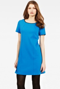 Faux Leather Trim Shift Dress - style: shift; length: mid thigh; neckline: round neck; pattern: plain; predominant colour: diva blue; occasions: evening, work; fit: soft a-line; fibres: polyester/polyamide - stretch; sleeve length: short sleeve; sleeve style: standard; pattern type: fabric; texture group: jersey - stretchy/drapey