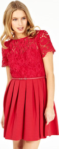 Matilda Lace Dress - length: mid thigh; pattern: plain; waist detail: belted waist/tie at waist/drawstring; predominant colour: true red; occasions: evening, occasion; fit: fitted at waist & bust; style: fit & flare; fibres: cotton - mix; neckline: crew; hip detail: structured pleats at hip; bust detail: contrast pattern/fabric/detail at bust; sleeve length: short sleeve; sleeve style: standard; texture group: lace; pattern type: fabric; embellishment: lace