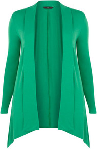 Apple Cover Up - neckline: shawl; length: below the bottom; style: open front; predominant colour: emerald green; occasions: casual, work; fibres: polyester/polyamide - stretch; fit: loose; hip detail: dip hem; sleeve length: long sleeve; sleeve style: standard; texture group: knits/crochet; pattern type: knitted - other