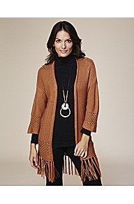 Fringe Cardigan - sleeve style: dolman/batwing; pattern: plain; neckline: collarless open; style: open front; predominant colour: camel; occasions: casual, work; fibres: acrylic - 100%; fit: loose; length: mid thigh; sleeve length: 3/4 length; texture group: knits/crochet; pattern type: knitted - other; embellishment: fringing