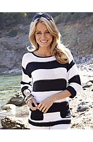Relaxed Fit Textured Stripe Jumper With Patch Po - neckline: round neck; sleeve style: dolman/batwing; pattern: horizontal stripes; length: below the bottom; hip detail: front pockets at hip; style: standard; secondary colour: white; predominant colour: black; occasions: casual, work, holiday; fibres: acrylic - 100%; fit: standard fit; sleeve length: 3/4 length; texture group: knits/crochet; trends: striking stripes; pattern type: knitted - other; pattern size: standard