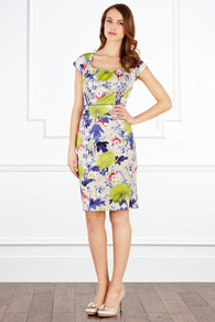Floret Dress - style: shift; sleeve style: capped; fit: tailored/fitted; waist detail: fitted waist; hip detail: fitted at hip; occasions: casual, evening, work, occasion, holiday; length: just above the knee; fibres: cotton - stretch; predominant colour: multicoloured; sleeve length: short sleeve; texture group: structured shiny - satin/tafetta/silk etc.; trends: high impact florals, glamorous day shifts; neckline: low square neck; pattern type: fabric; pattern size: big & busy; pattern: florals