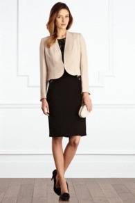 Joey Jacket - pattern: plain; style: single breasted blazer; length: cropped; collar: high neck; predominant colour: nude; occasions: casual, evening, occasion; fit: tailored/fitted; fibres: polyester/polyamide - 100%; waist detail: fitted waist; sleeve length: long sleeve; sleeve style: standard; texture group: crepes; collar break: medium; pattern type: fabric; pattern size: standard